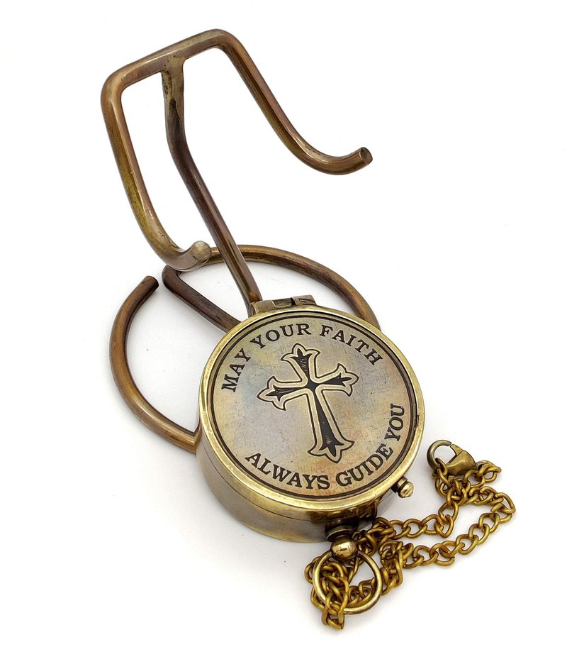 5MOONSUN5's Brass Compass Cross and May Your Faith Always Guide You Engraved. Keepsake Confirmation Gift Ideas, Heavenly Gift of Faith. The Perfect Baptism, Missionary, Birthday with Display Stand.