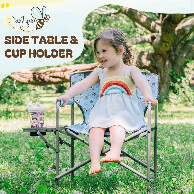 Busy Bee Kids Director Camping Chair with Foldable Side Table, Lightweight, Flat Folding, Compact and Portable, Perfect Kid Beach Chairs, Supports 150 Lbs.