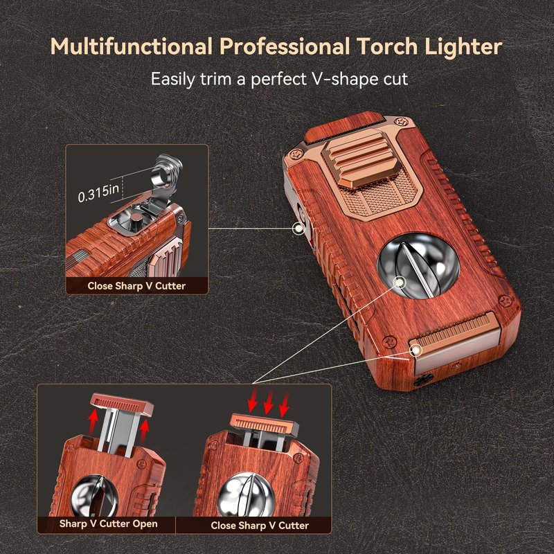 All-in-One Torch Lighter with Built-in V Cutter, Holder, Punch, and Draw Enhancer Tool, Adjustable Triple Jet Flame Lighter with Accessories, Refillable Lighter Gift for Men (Butane not Included)