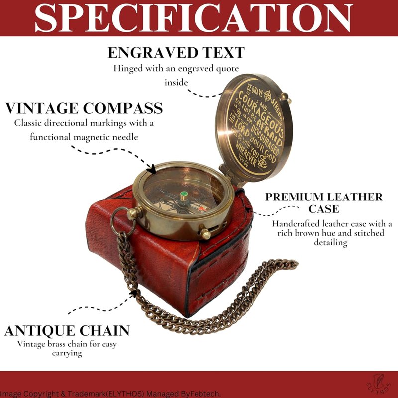 Handmade Brass Antique Compass with Leather Case – Vintage Finish Functional Pocket Navigation Tool for Travel, Hiking & Gift (#9 - Be Brave, Strong & Courageous - Antique Compass with Leather Case)