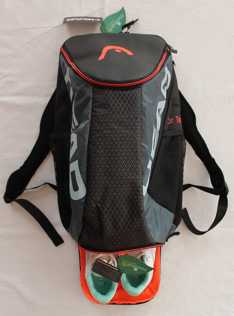 HEAD Tour Team Tennis Backpack 2 Racquet Carrying Bag w/Padded Shoulder Straps & Shoe Compartment - Black/Grey.
