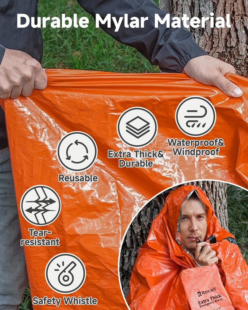 Rocalt Emergency Sleeping Bag, Ultralight Mylar Emergency Blanket, Waterproof & Portable Thermal Bivy Sack for Camping, Hiking, and Outdoor Adventures