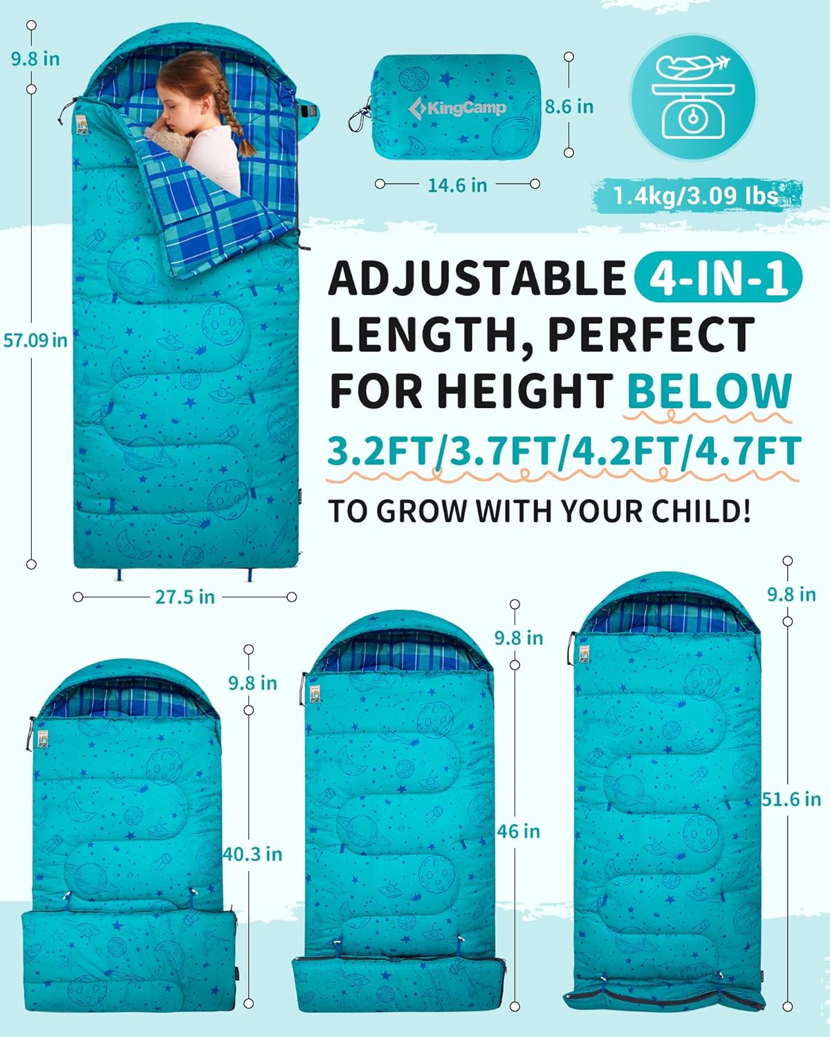 KingCamp Kids Sleeping Bag - Lightweight Waterproof Flannel for Cold Weather | Fits Ages 10-12, 4'7"-5'5" Tall