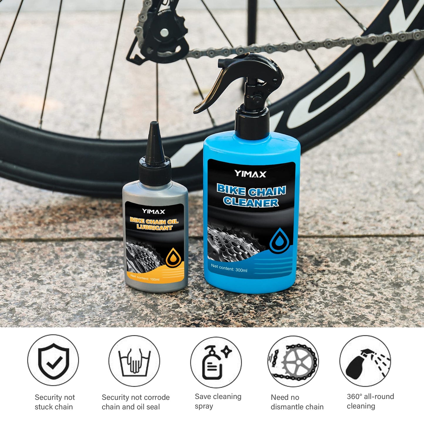 YIMAX Bike Chain Cleaner Set, Bike Cleaners Bicycle Cleaning Kit 100ML Chain Lube and 300ML Cleaning Spray, Bike Cleaner Kit with Brushes Cycling Maintenance, Suitable for All Types of Bike