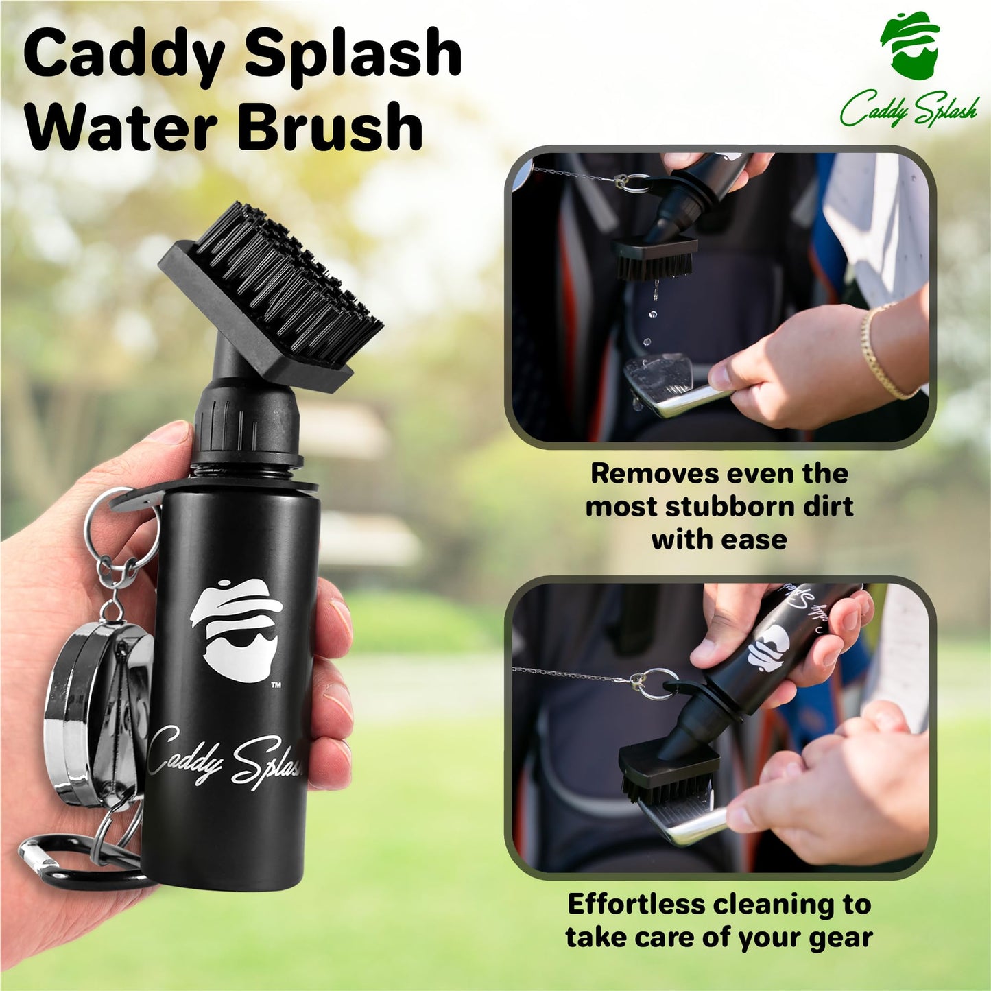 Caddy Splash Premium Golf Club Cleaner with Water - Heavy Duty Retractable Clip- Squeeze Bottle for Easy Cleaning with Nylon Bristles- Holds 4 Oz Water - Golf Accessories- USA Company (2, Black)