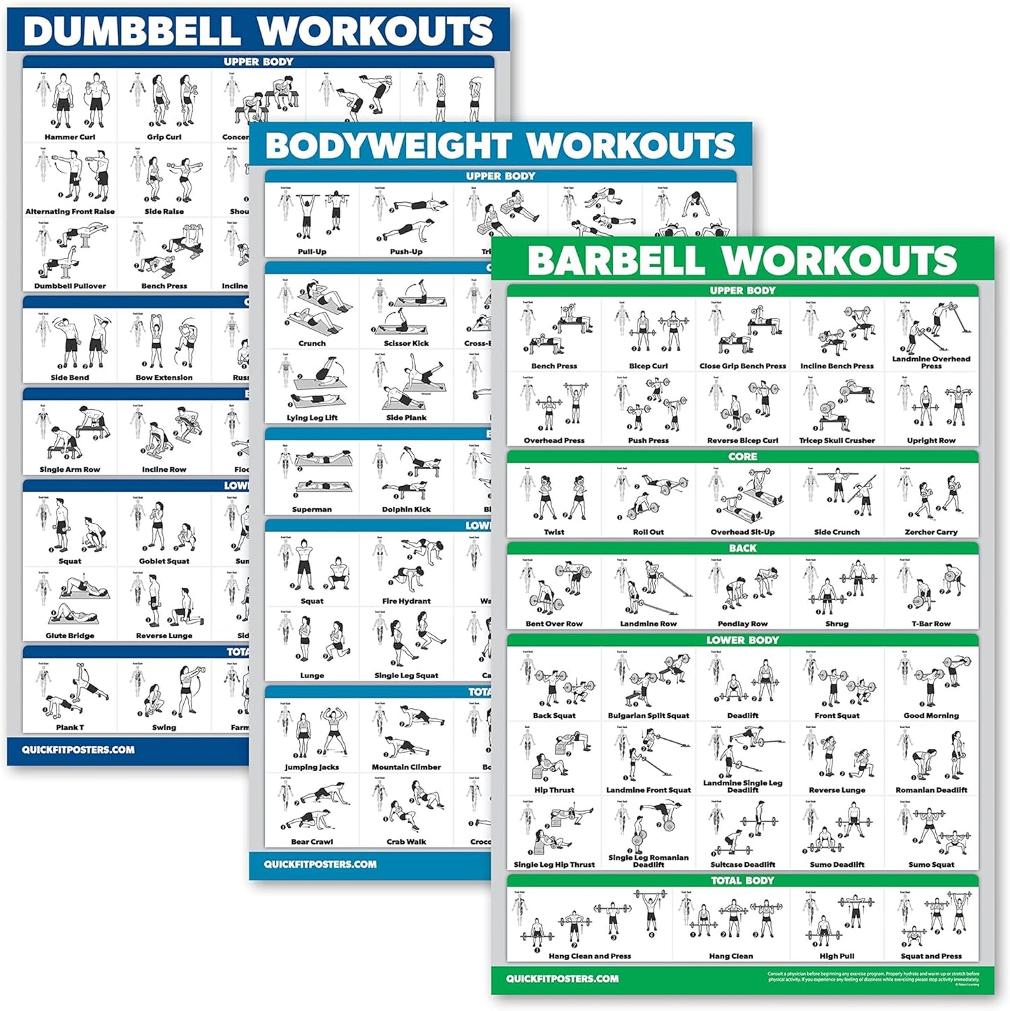 QuickFit Dumbbell Workout Poster Set | Laminated 3-Pack of 18" x 24" Exercise Charts