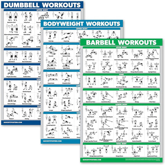 QuickFit Dumbbell Workout Poster Set | Laminated 3-Pack of 18" x 24" Exercise Charts