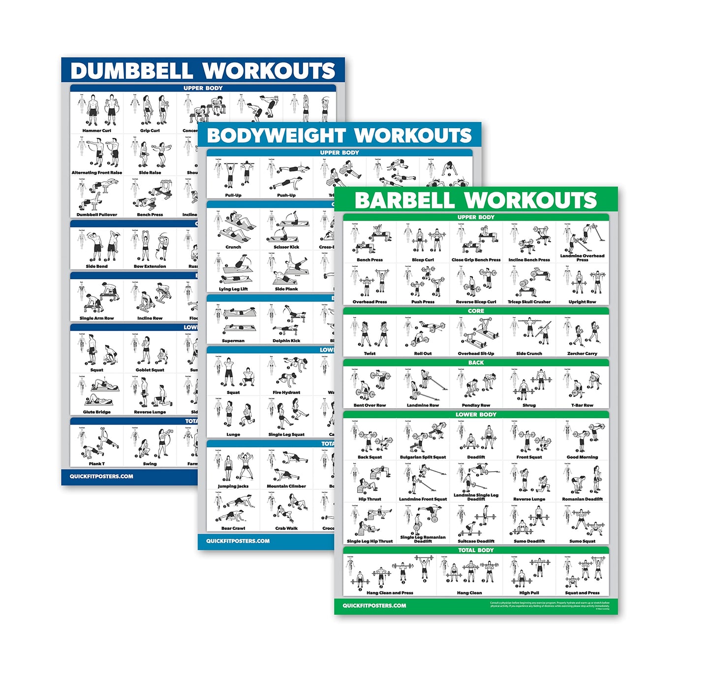 QUICKFIT 3 Pack - Dumbbell Workouts + Bodyweight Exercises + Barbell Routine Poster Set - Set of 3 Workout Charts (Laminated, 18" x 27")