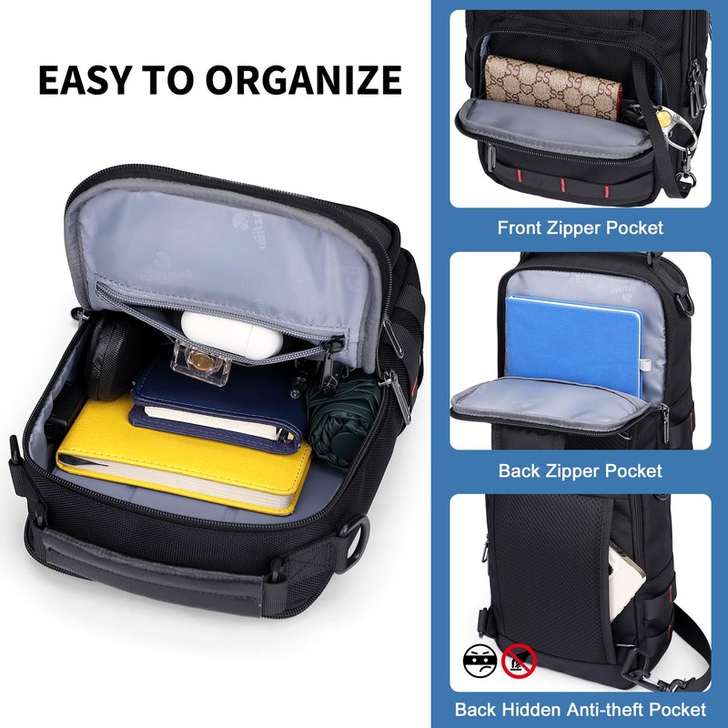 WITZMAN Sling Bag for Men Travel Crossbody Sling Bags with USB Charging Port Casual Chest Bag for Daily Outdoor Work(B730 Black)