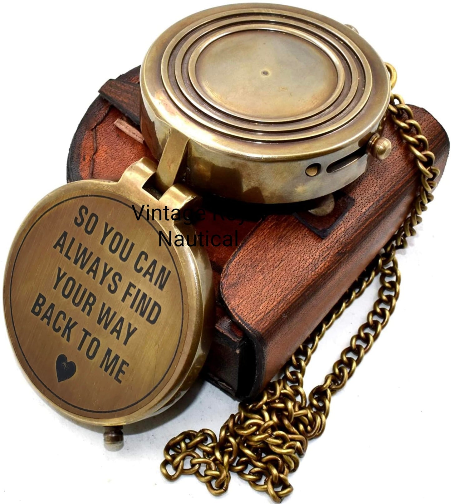 AASIYA Brass Chain Compass with Leather Case for Hiking and Camping - Engraved Pocket Compass - Vintage Navigation Tool