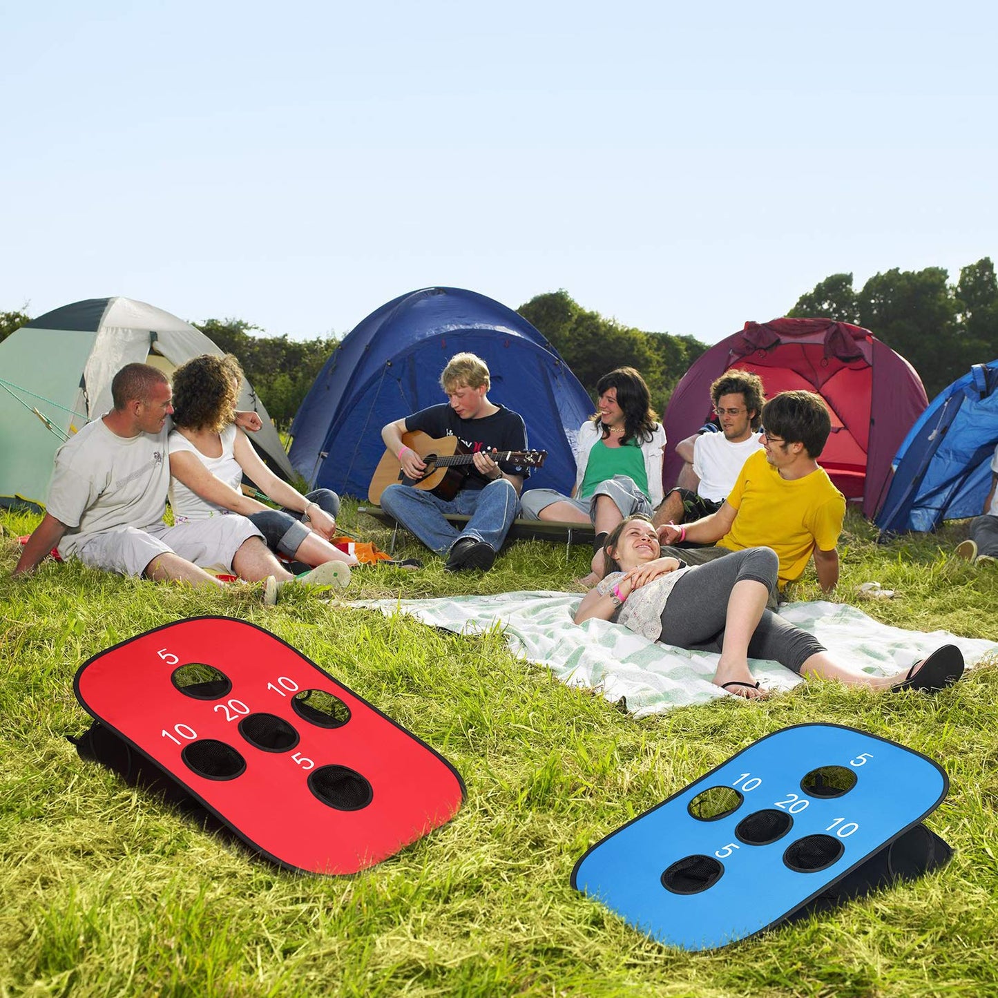 G4Free Portable Collapsible 5 Holes Cornhole Game Set with 8 Bean Bags Toss Game Size 3ft x 2ft for Camping Travel A-Red Blue