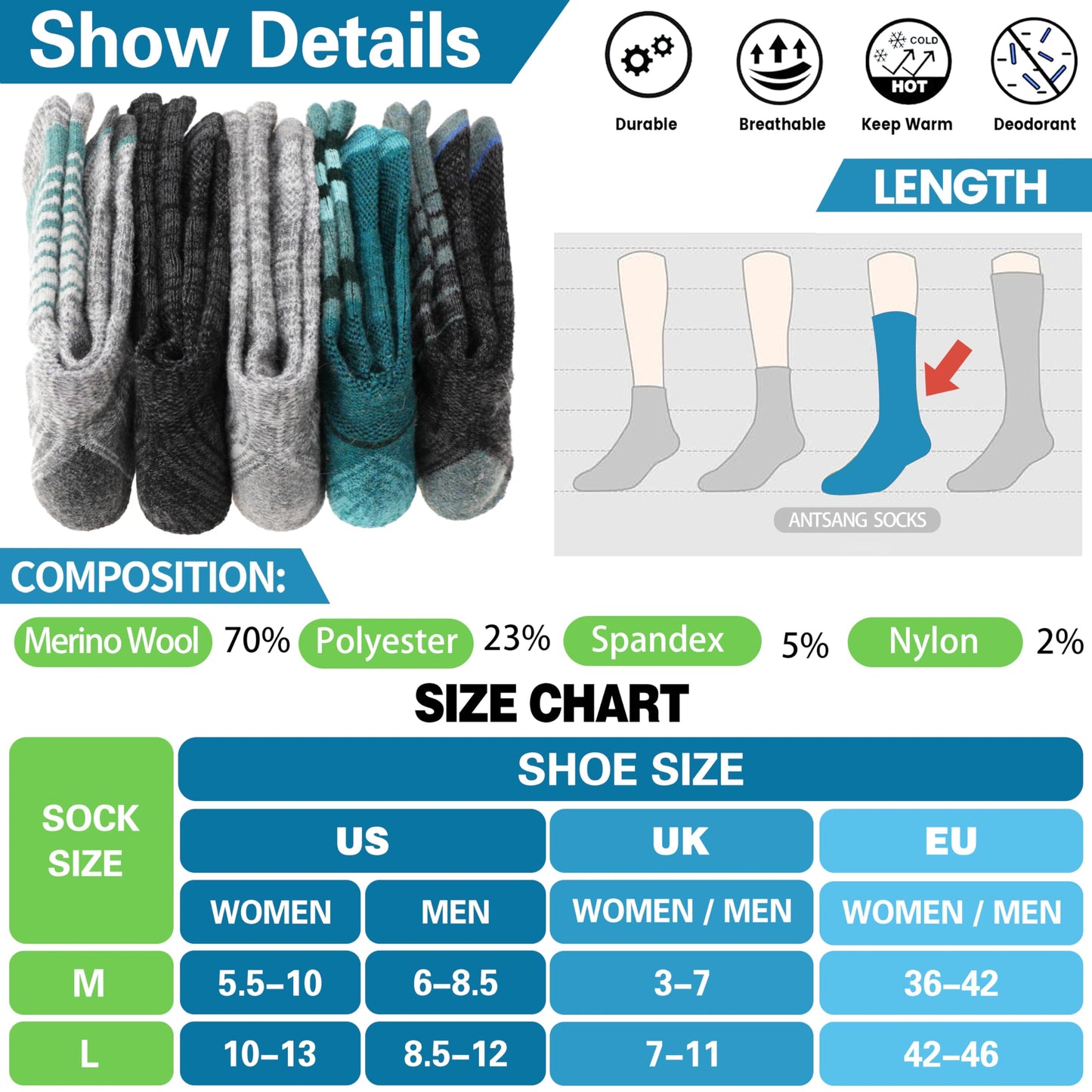 ANTSANG Merino Wool Hiking Socks for Men & Women Thermal Warm Winter Thick Cozy Crew Work Boot Gift Socks Stocking Stuffers 5 Pairs(Green/Grey/Black,L)