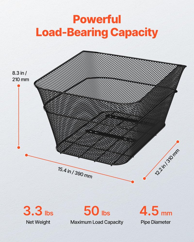 VEVOR Rear Bike Basket, Wire Mesh Bicycle Basket with Cargo Net & Waterproof Cover, Durable Metal Bike Back Basket, Fits Most Rear Bike Racks, Mounting Tools Included