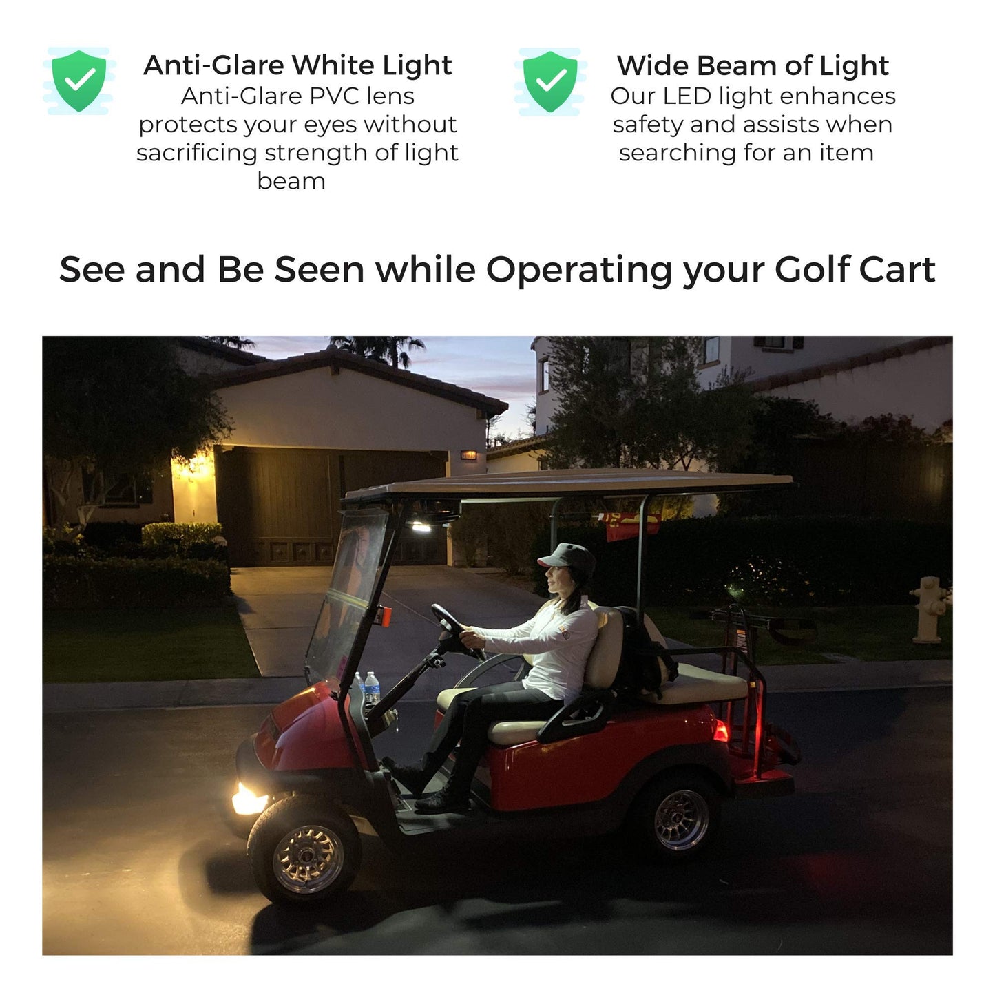 2-Pk Universal Golf Cart Roof Stick On Anywhere One Touch LED Light fits Club Car, Onward, Precedent, EZGO, Yamaha, Garia carts, AAA Battery Powered Puck Designed for Golf cart use, Great Golf Gifts