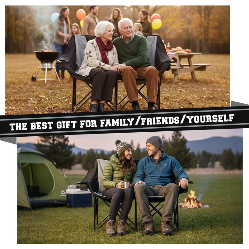 Heated Double Camping Chair for Adults, 4 Heating Zones & 3 Heat Levels, Padded Loveseat Oversize Folding Chair Portable for Outdoor Sports Lawn, Use 5v/3a Power Bank (Not Included)(Black, Gray)