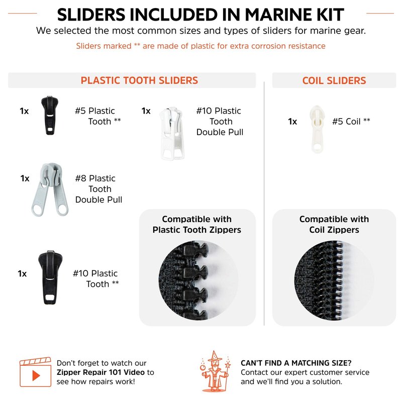 Zipper Rescue Marine Zipper Repair Kit - The Original Zipper Pull Replacement kit for Wetsuits, Boating, Surf Gear - Included 5 Sliders, 3 Bottom Stops, 3 Top Stops - Made in America Since 1993