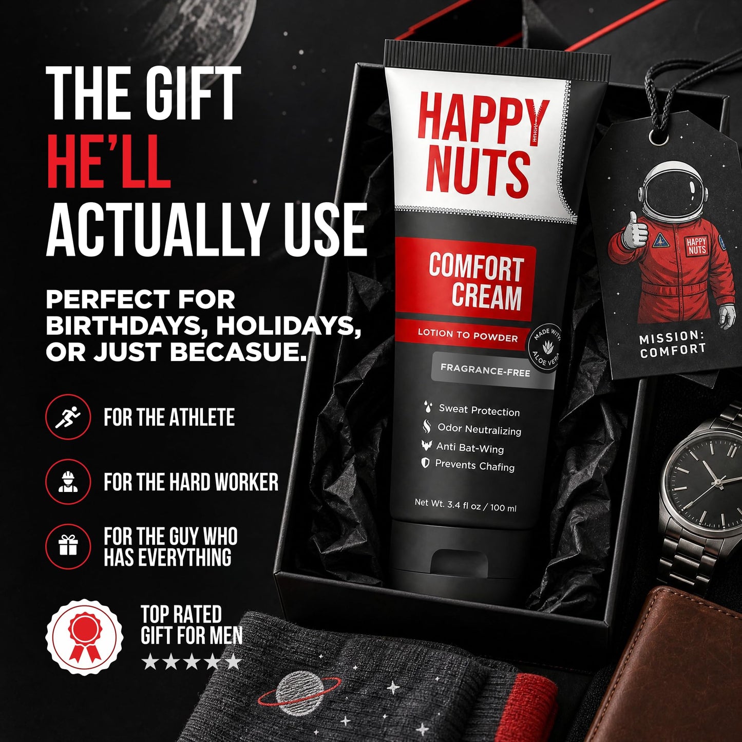 HAPPY NUTS Comfort Cream Deodorant For Men: Anti-Chafing Sweat Defense, Odor Control, Aluminum-Free Mens Deodorant & Hygiene Products for Men's Private Parts 3.4 Fl Oz (3 Pack), Fragrance-Free