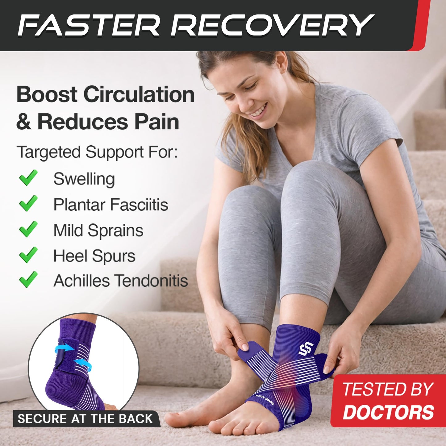 Sleeve Stars Ankle Brace for Women & Men, Ankle Wrap for Sprained Ankle, Compression Sleeve for Plantar Fasciitis Relief, Easy Customizable Support: w/Removable Strap (Single/S:9"-10"/Dark Purple)