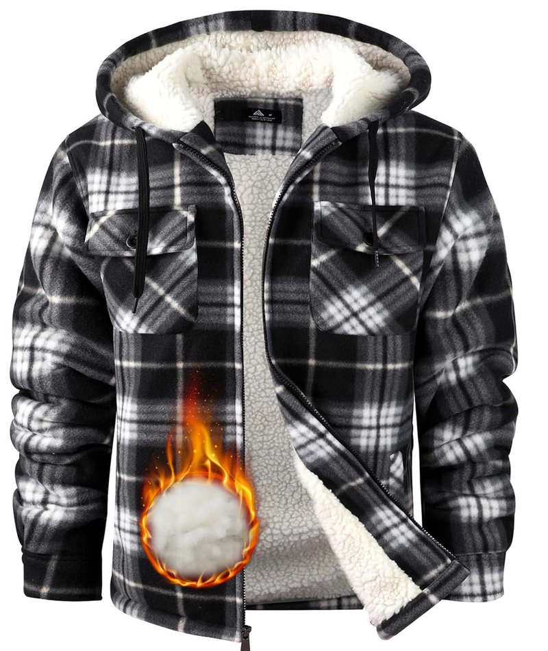 WENTTUO Winter Jacket for Men Fleece Plaid Hoodie Long Sleeve Winter Warm Coat