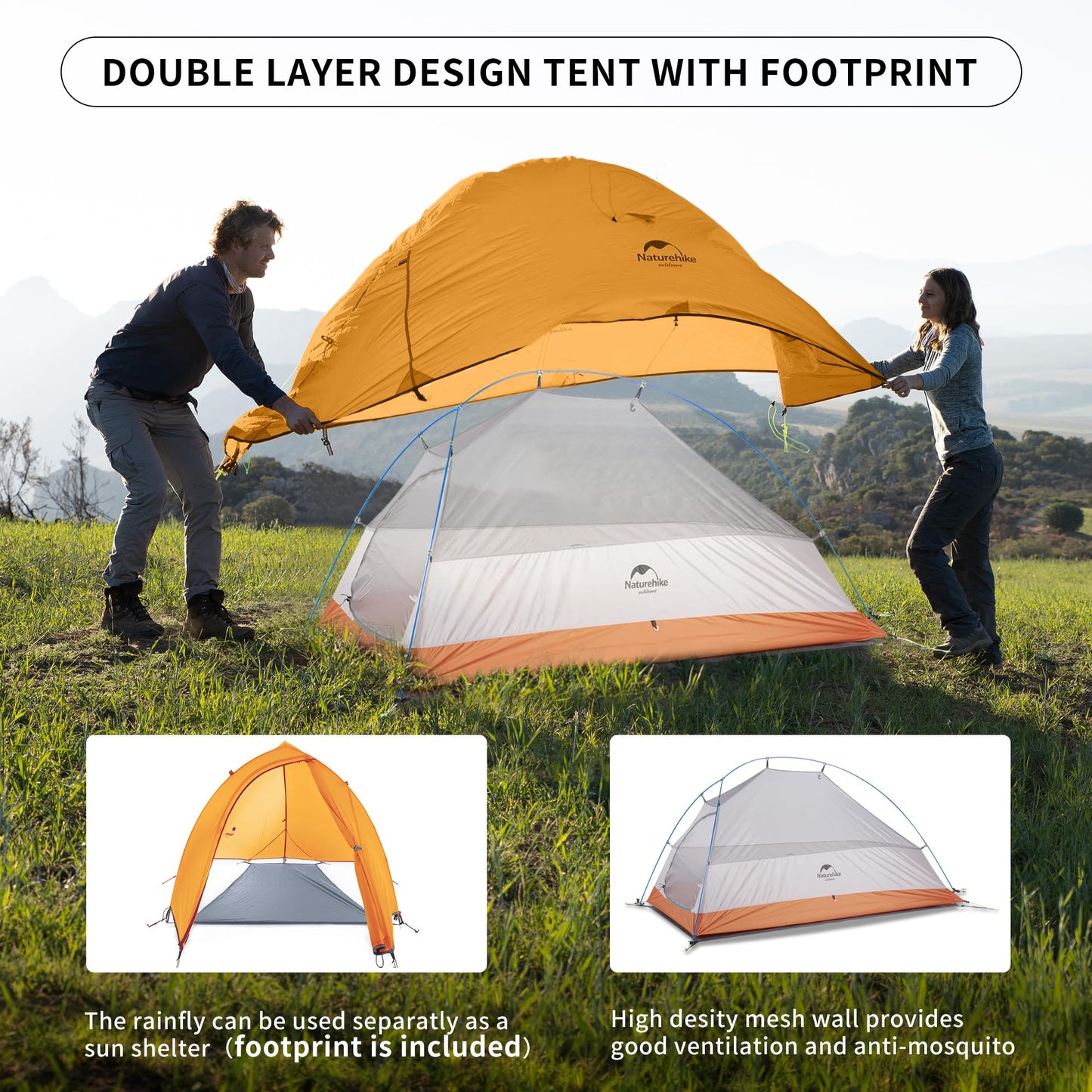 Naturehike Cloud-Up 1 Person Tent Lightweight Backpacking Tent for One Man, Waterproof Ultralight Single Person Tent, Double Layer One Person Tent for Camping Hiking Backpacking (210T Orange)