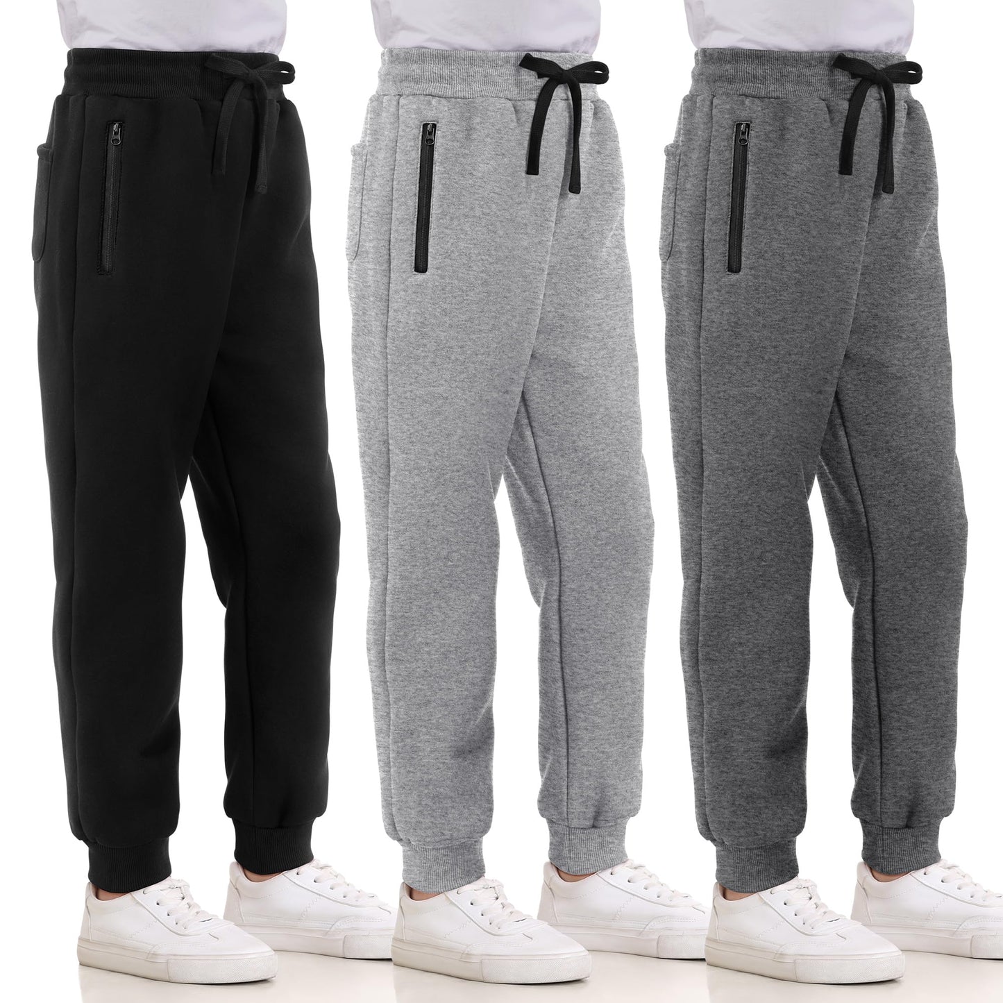 Aocku 3 Pack Boys Sweatpants Fleece Cotton Athletic Pants Boys Joggers with Zipper Pockets Kids Youth Workout Sweat Pants Size 5-16