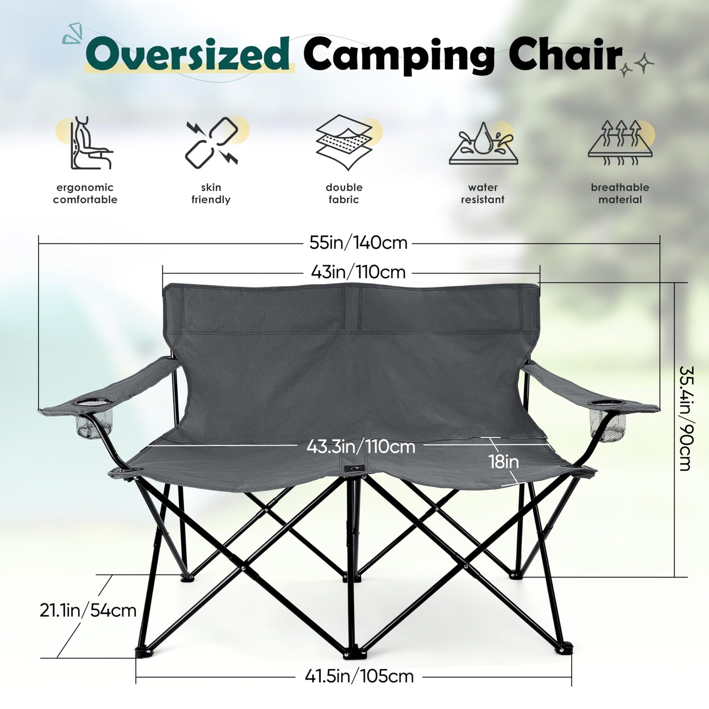 HaSteeL Foldable Camping Chair, Double Seat Folding Camp Chair for 2 Persons, Portable & Large for Outdoor Fishing, Hiking, Travel, Picnic, Beach, Lawn, Patio, Include Storage Bag (Grey)