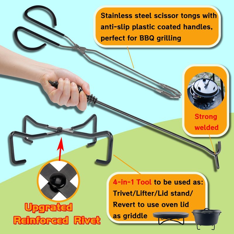 IPROUDER 6-in-1 Dutch Oven Camping Accessories Kit - Campfire Cooking Equipment with Marshmallow Roasting Sticks, Heat-Resistant Gloves, 16" Scissors Tongs, Lid Lifter & Lid Stand