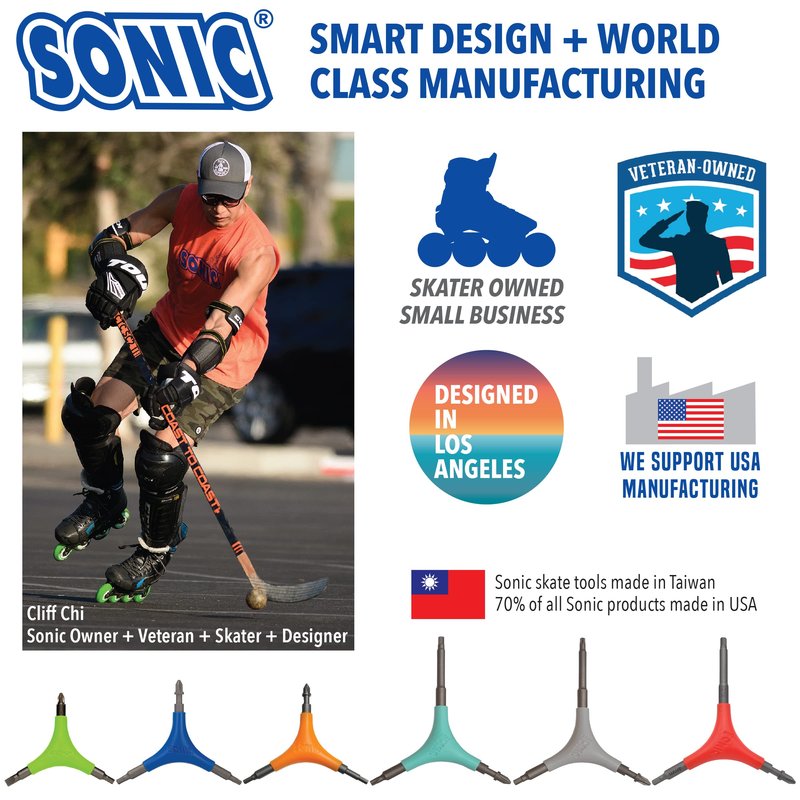 SONIC Pro Inline Skate Tool + H, Long 4mm hex for triskate Frame mounting Bolts, 7 Tools, Rotate Wheels, Remove Bearings, Designed in USA