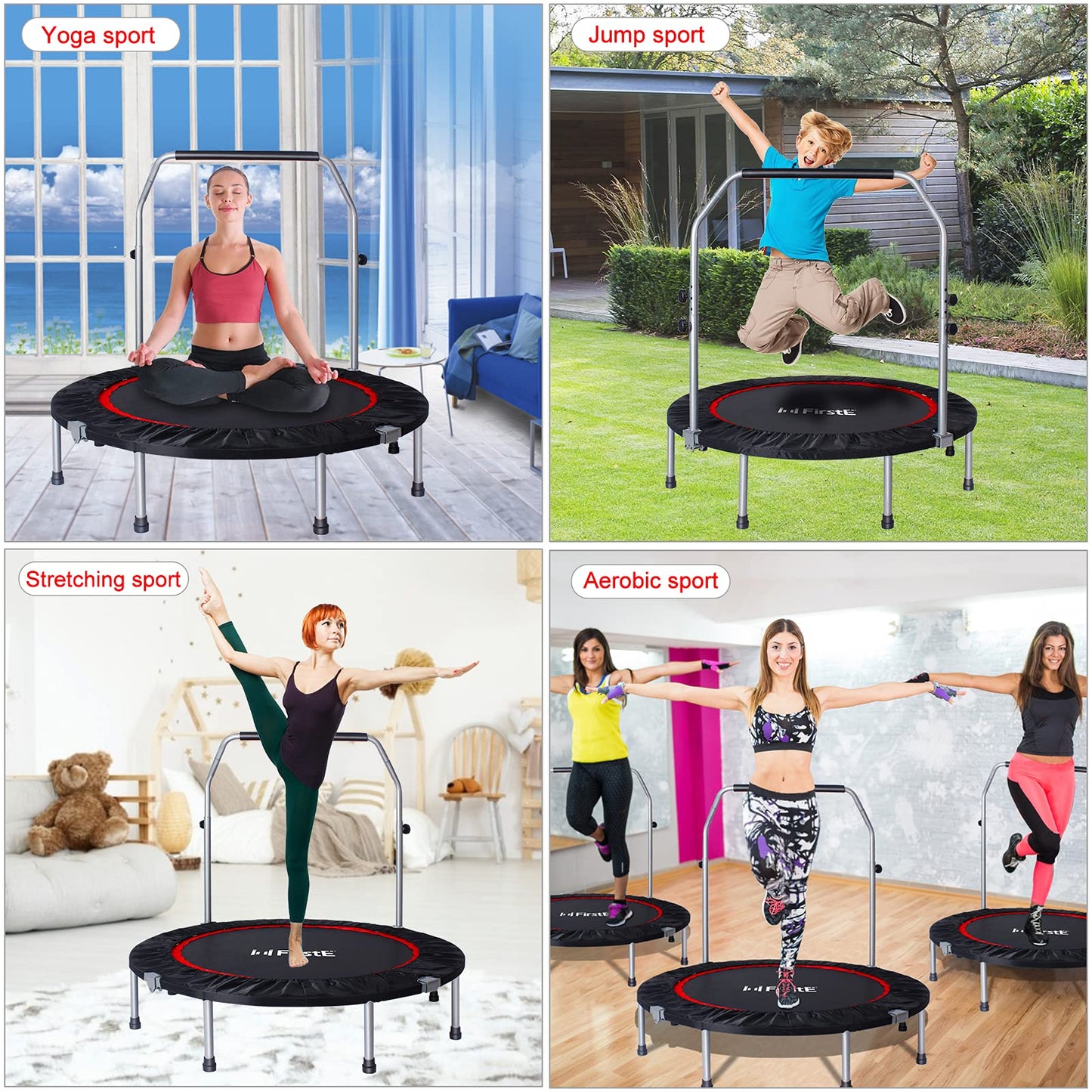 50 Inch Mini Fitness Trampoline for Adults, Foldable Exercise Trampoline with 5 Levels Adjustable Foam Handle, Rebounder Trampoline for Bounce Workout Indoor/Garden Max Load 440lbs