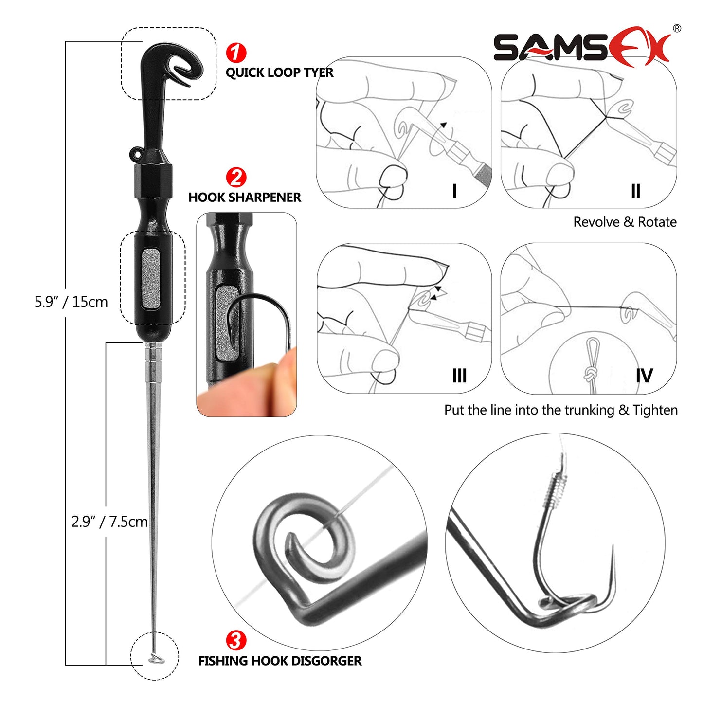 SAMSFX Fishing Stainless Steel Hook Tier, Knot Tying Tool, Loop Tyer, Hook Remover and Zinger Retractors Combo (Hook Tier with Black Grip)