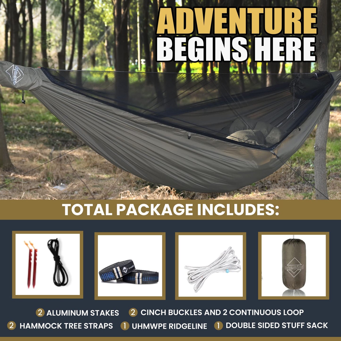 Onewind 11Ft Camping Hammock with Mosquito Net and Structure Ridgeline, Lightweight Portable Double Hammock with 12ft Tree Straps, Ideal for Camping, Hiking, Backpacking, OD Green