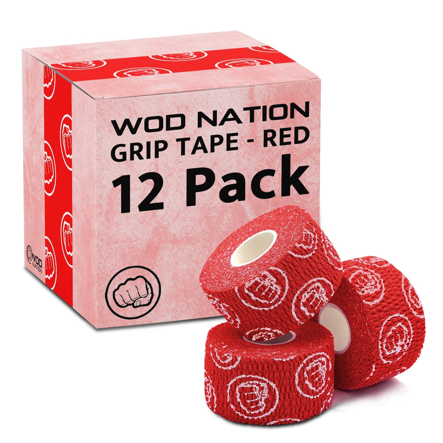 WOD Nation Weightlifting Hook Grip Tape - Bulk 12 Pack (23ft/Roll) Comfortable & Stretchy Athletic Thumb Tape for Weight Lifting, Excercise & Cross Training - Protect Thumb, Wrist & Finger -Red