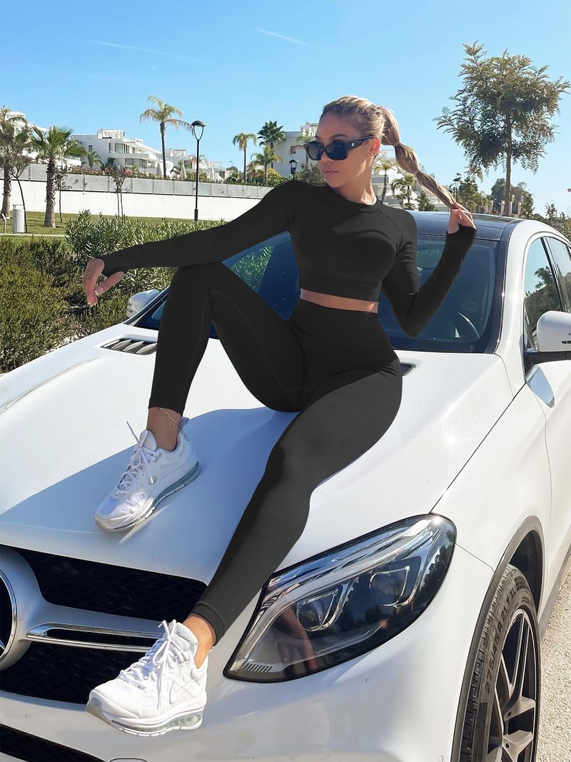 YOAKUKA 2 Piece Workout Legging Sets for Women Yoga Gym Outfit Seamless Long Sleeve Athletic Active Wear Tummy Control