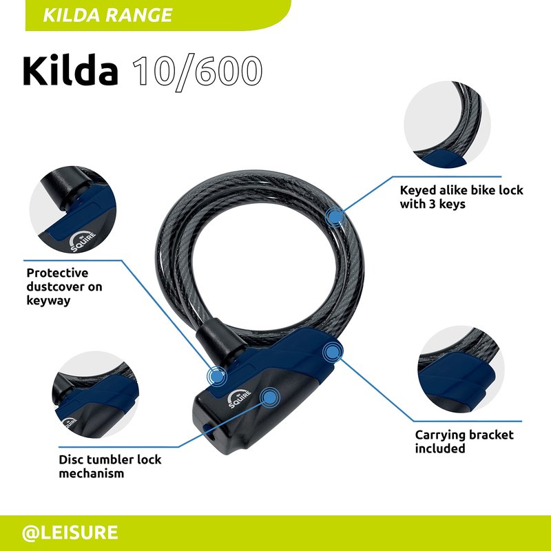 Squire Heavy Duty Bikelock (Kilda 10/600 Cable Lock) - Weatherproof keyed Lock with 10mm Thick Cable for Low to mid Security - 10mm Diameter and 600mm Length