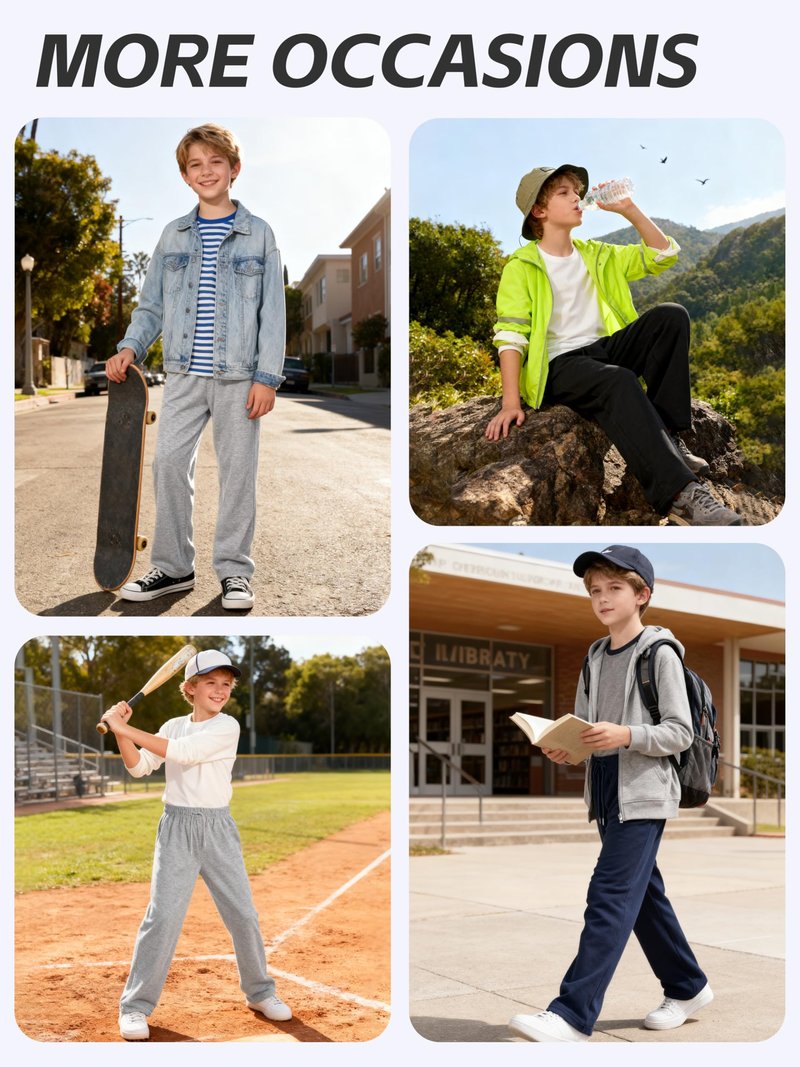 Aocku 3 Pack Boys Sweatpants Wide Leg Boys Athletic Drawstring Joggers Pants Kids Sweatpants Open Bottom Pants