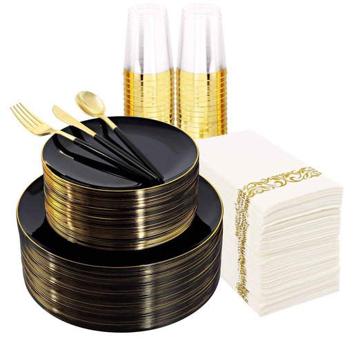Supernal 350pcs Black Plastic Dinnerware Set - Black and Gold Plastic Plates, Gold Silverware Set, Wedding Party Plate, Cups Prefect for Halloween, Thanksgiving, Christmas Party and New Year