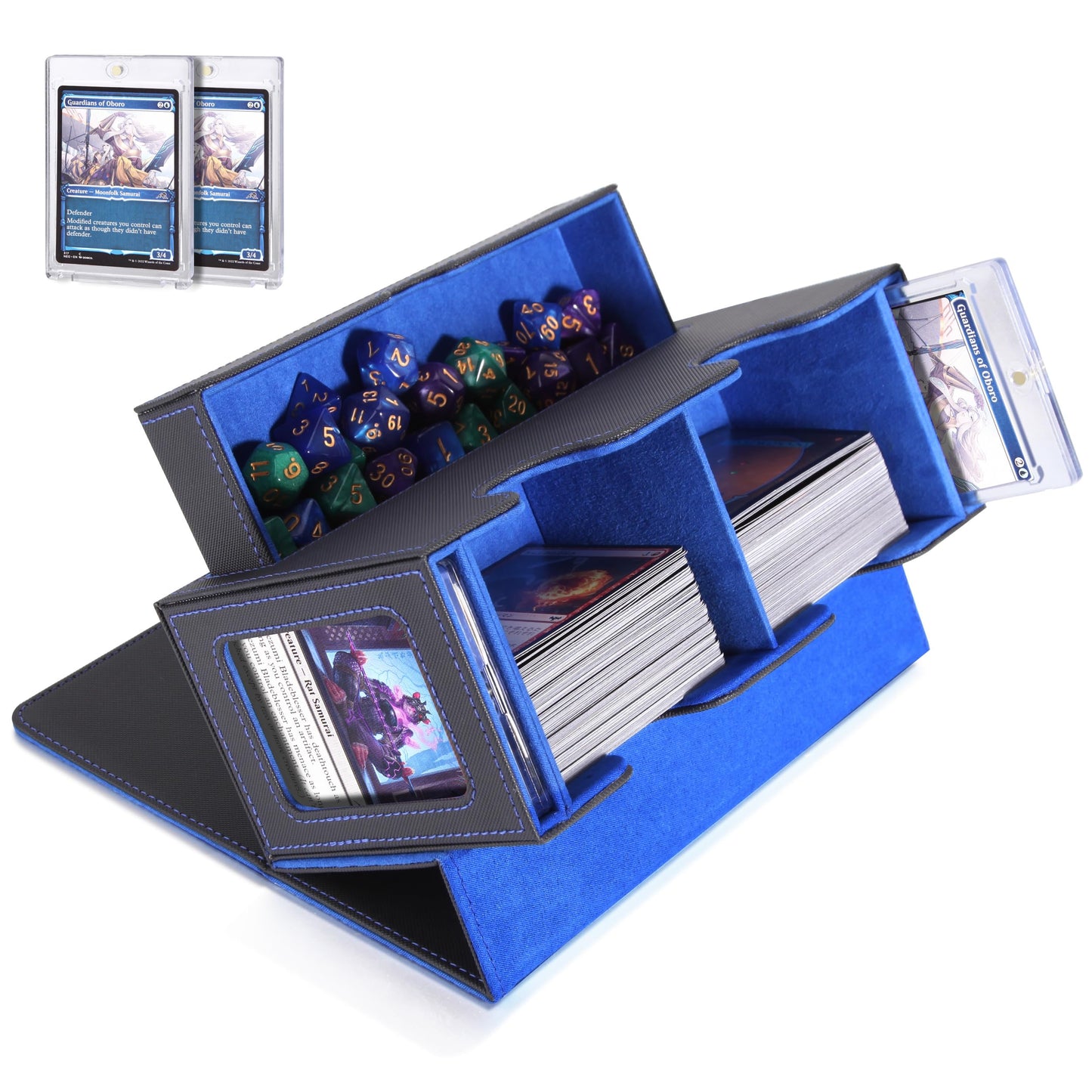MTG Deck Box, MTG Commander Card Deck Box with Commander Display, Fits 250+ Single Sleeved, Double Card Storage Box with Dice Tray, Magnetic Card Storage Case for CCG TCG Sports Cards, Black Blue