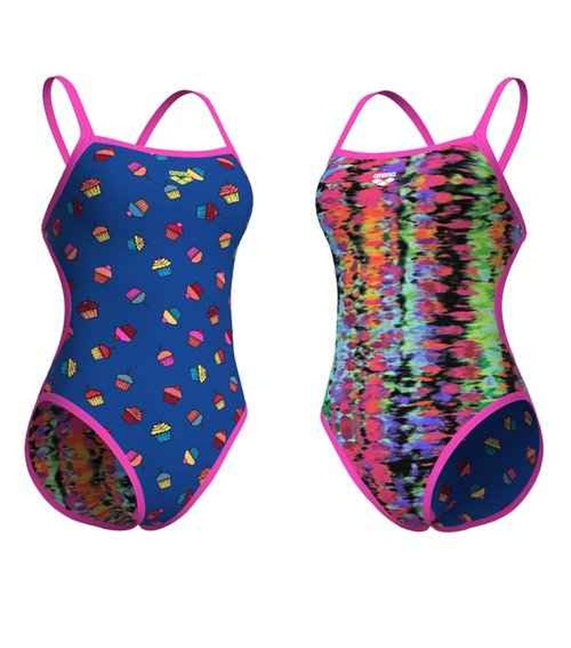 ARENA Performance Reversible Women's Sports Swimsuit Challenge Back One Piece Training Suit Competitive Swim Athletic Ladies Bathing Suit, Royal Multi/Shocking Pink, US Size 36