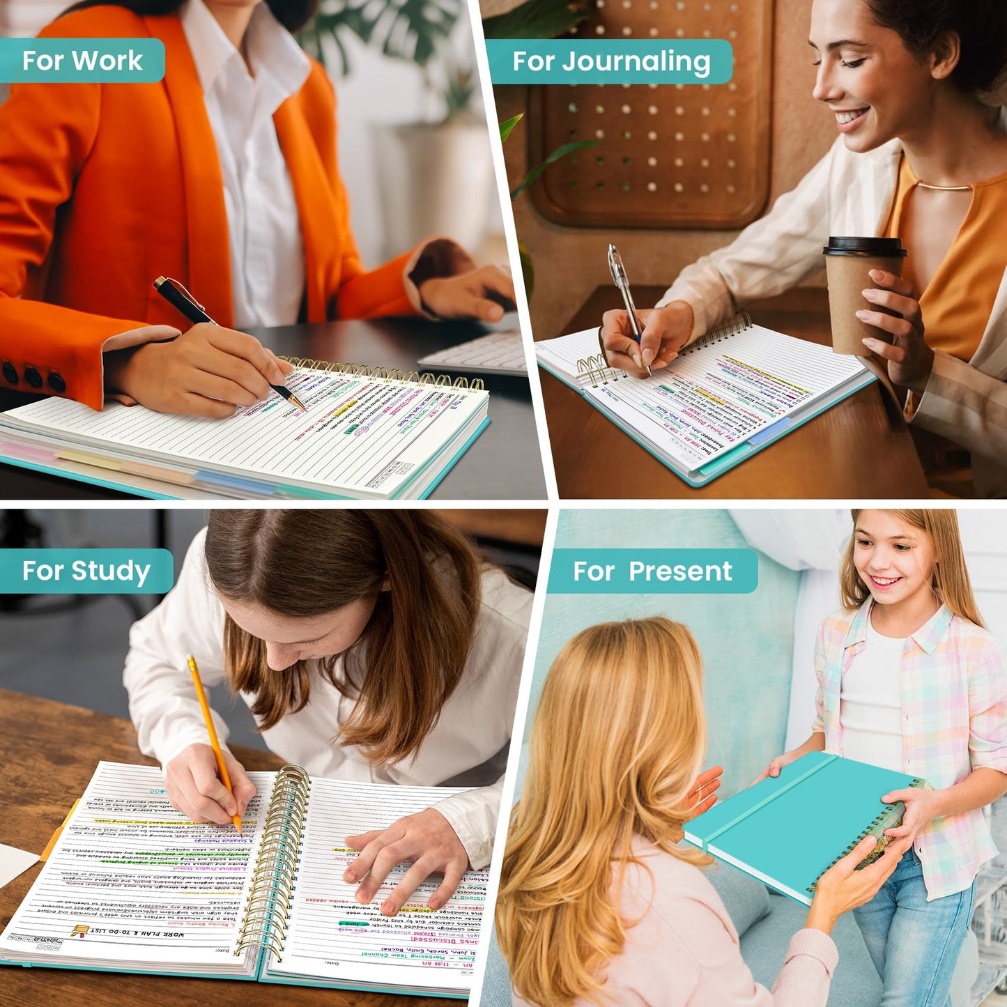 Hardcover Spiral Journal Notebooks for Work With Removable Dividers & Tabs, 8.5"x11" 5 Subject Notebook for Note Taking & Organizer, A4 College Ruled Lined Journal for Women & Writing, Aquamarine, 280 Pages