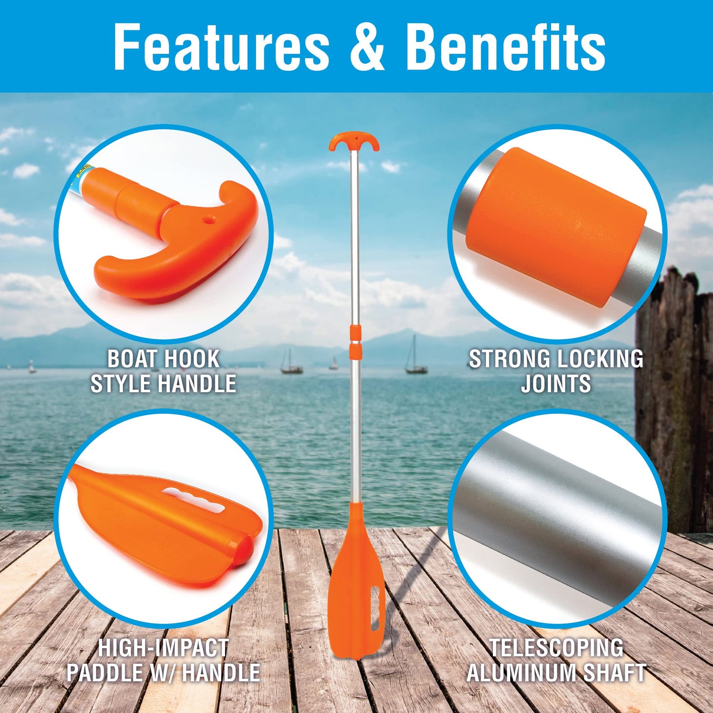 Seachoice Emergency Multi-Purpose Telescoping Boat Hook and Paddle, Orange, 18-31 In.