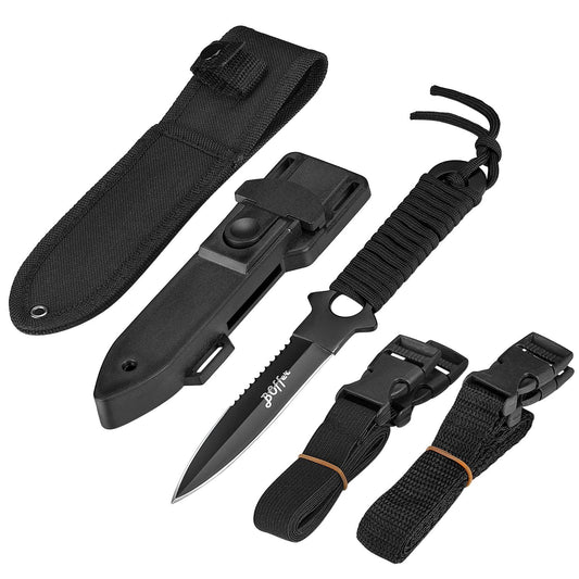 BOffer Dive Knife, Scuba Diving Knife with Sheath and Leg Strap, Black Tip Dive knife Double Edge with Nylon, ABS Sheaths and 2 Pairs Strap for Leg and Arm, Divers Sharp knives