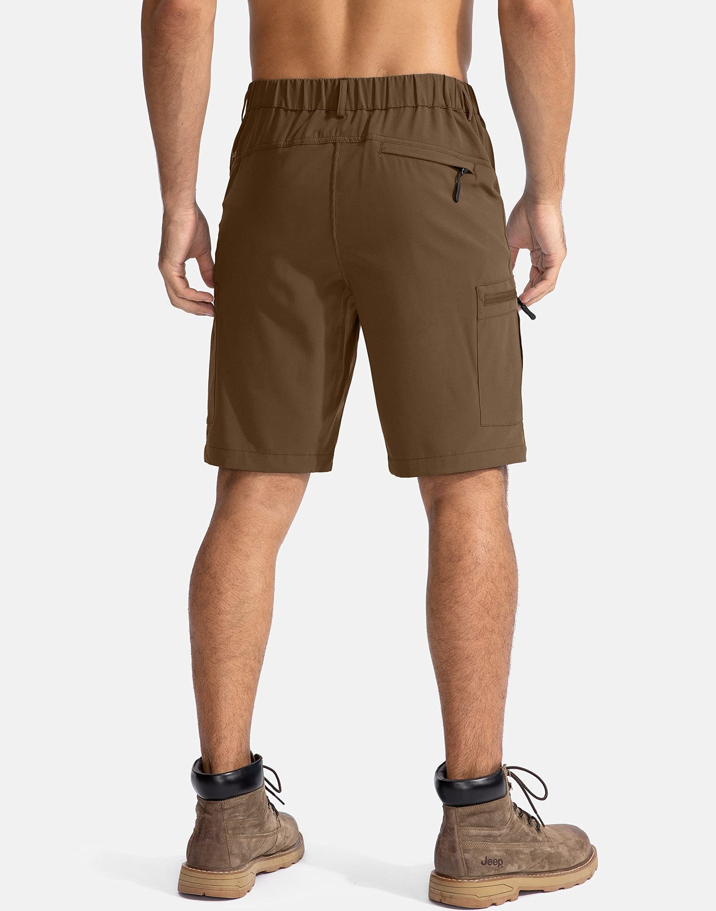Pudolla Men's Hiking Cargo Shorts 9" Lightweight Outdoor Work Shorts for Men Travel Golf Camping Casual with 5 Zipper Pockets(Brown Large)