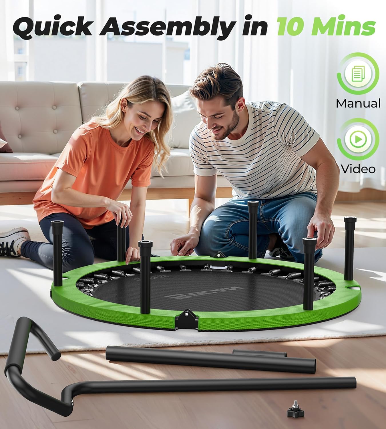 BCAN 40" Foldable Mini Trampoline - Adjustable Foam Handle for Indoor & Garden Workouts | Max Load 330lbs, Black