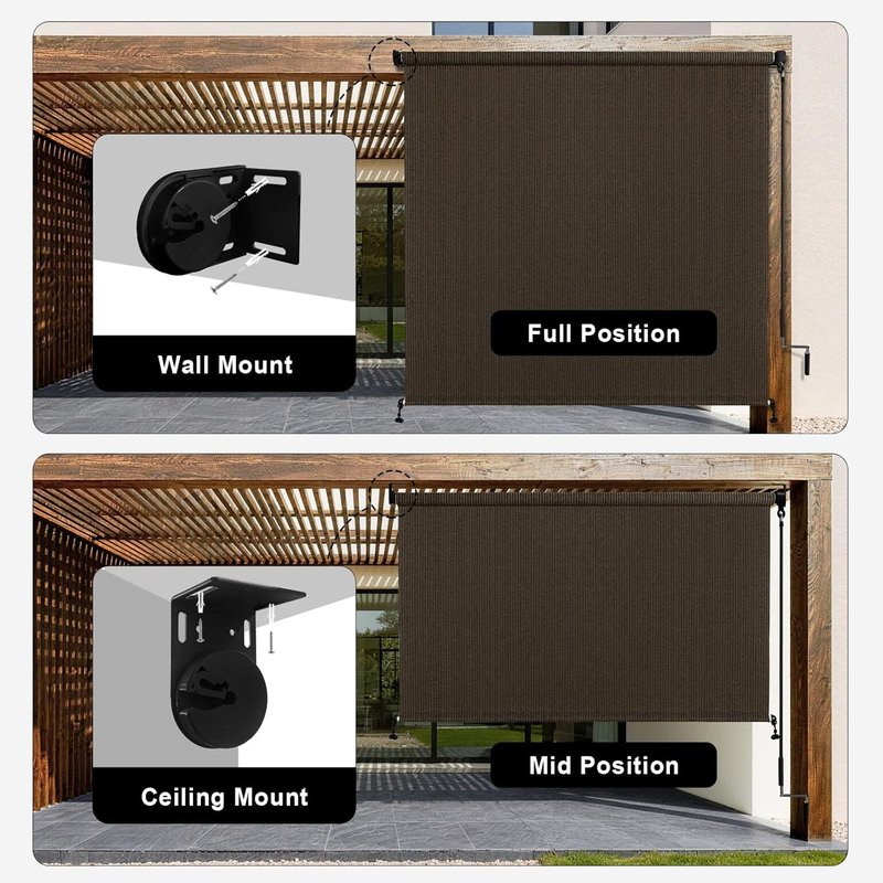 Outdoor Roller Shade - Cordless Patio Roll Up Blinds for Porch & Gazebo | 4' W x 6' H, Mocha