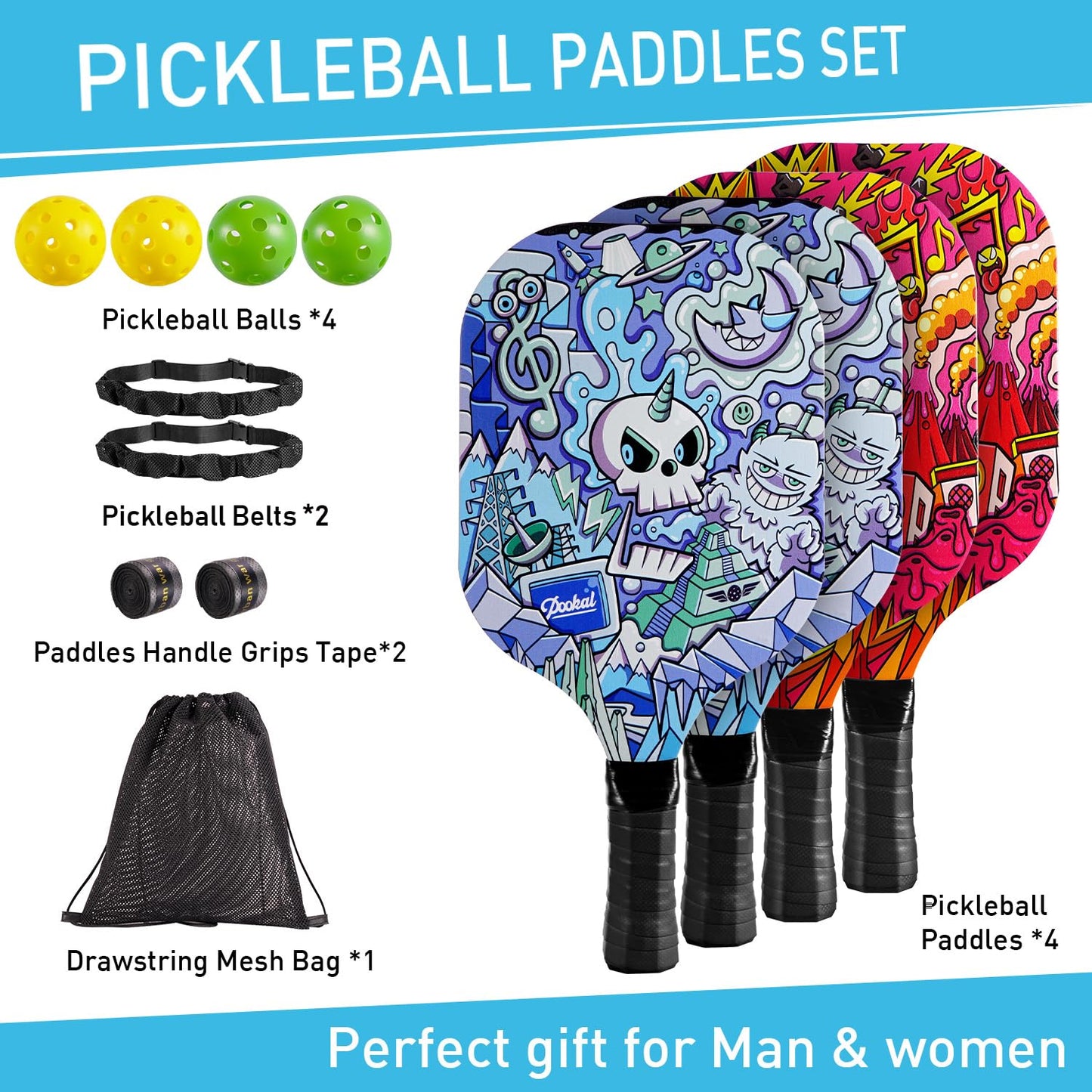 Pickleball Paddles Set of 4 with 4 Premium Wood Paddles & 4 Pickleballs & 2 Handle Grips Tape & 2 Pickleball Belts & Carry Bag for Beginners Men Women Adults(Skull Pattern)
