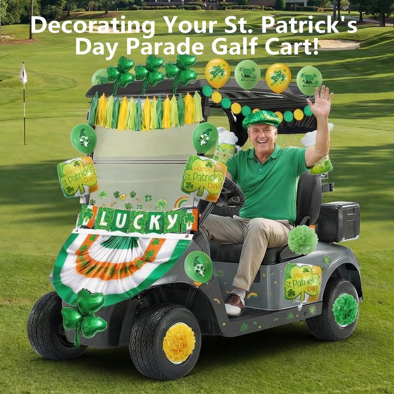 St Patricks Golf Cart Parade Decorations Kit, Complete Parade Float Accessories with Shamrock Garland for St. Patrick's Day Golf Cart Festival Decor, St Patricks Day Accessories