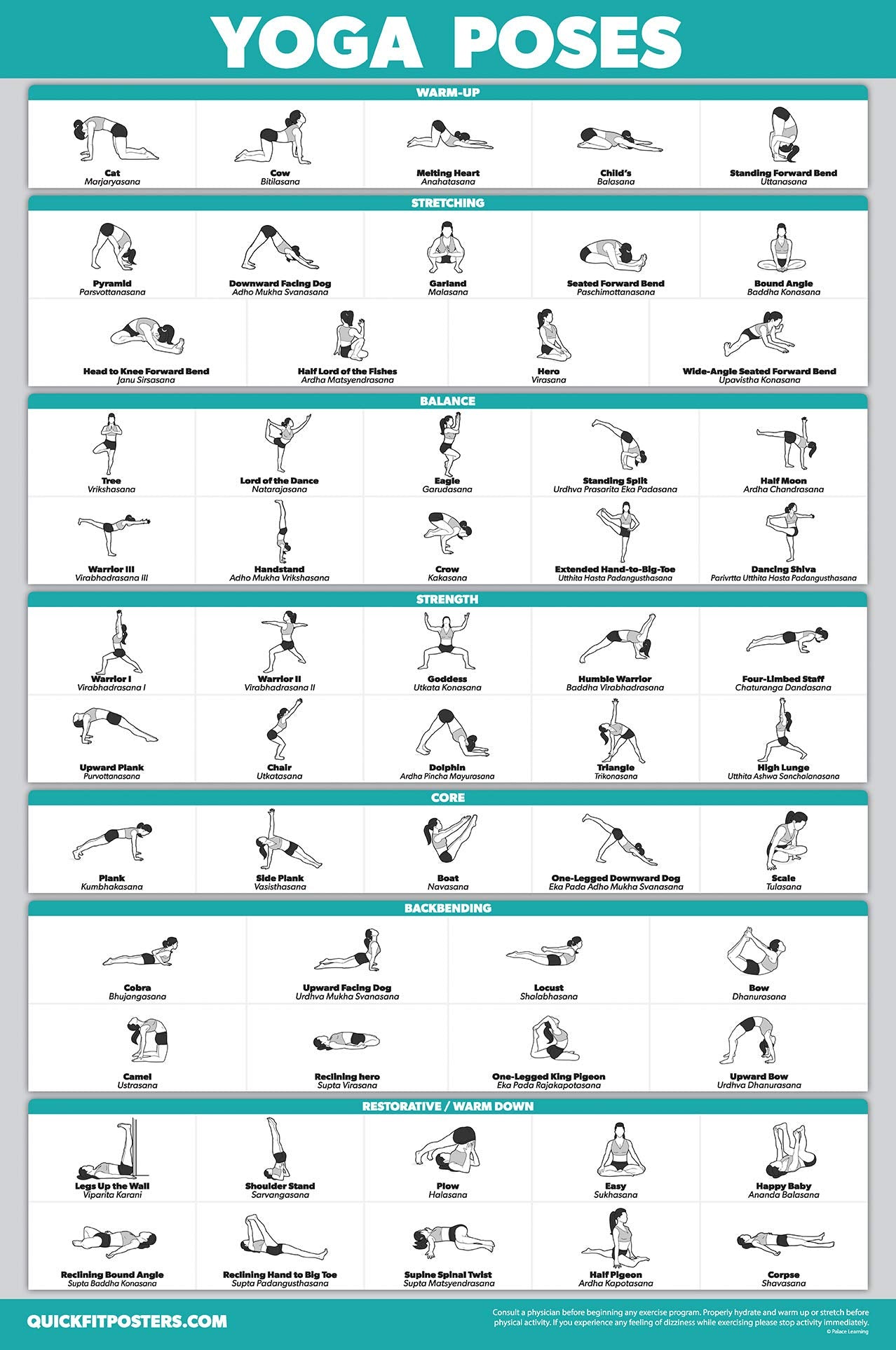 Palace Learning 3 Pack - Warm Up Exercises + Stretching Exercises + Yoga Workouts - Set of 3 Workout Charts (LAMINATED, 18” x 24”)