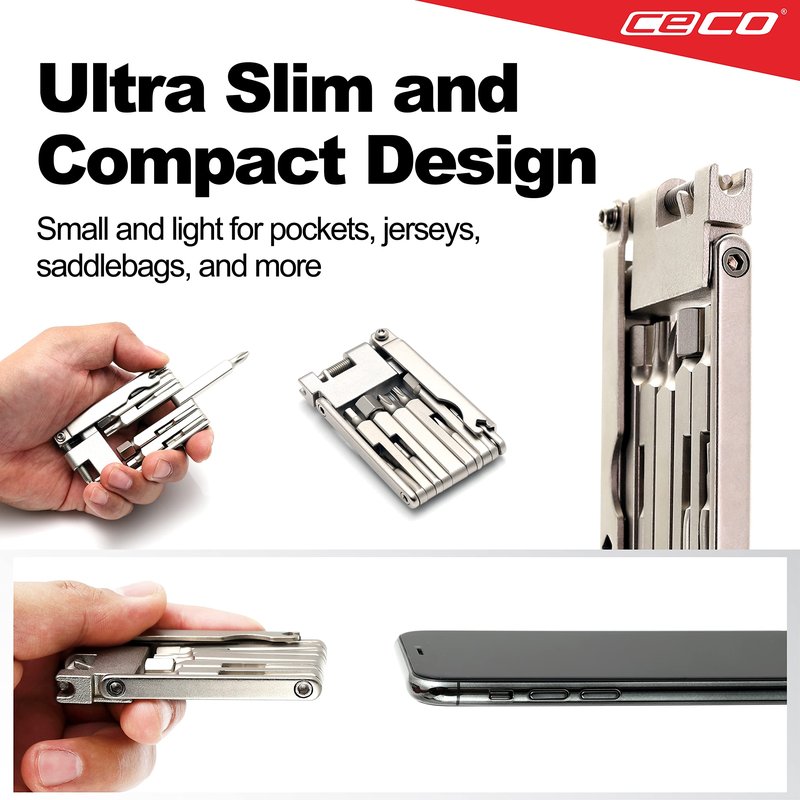 CECO USA 13 Function Bike Tool with Chain Breaker, Bicycle Multi Tool, Ultra Slim, Compact Pocket Sized, Lightweight, High Strength CR-V 6150 Tool Steel, Easy To Carry, Case Pouch Included, Road