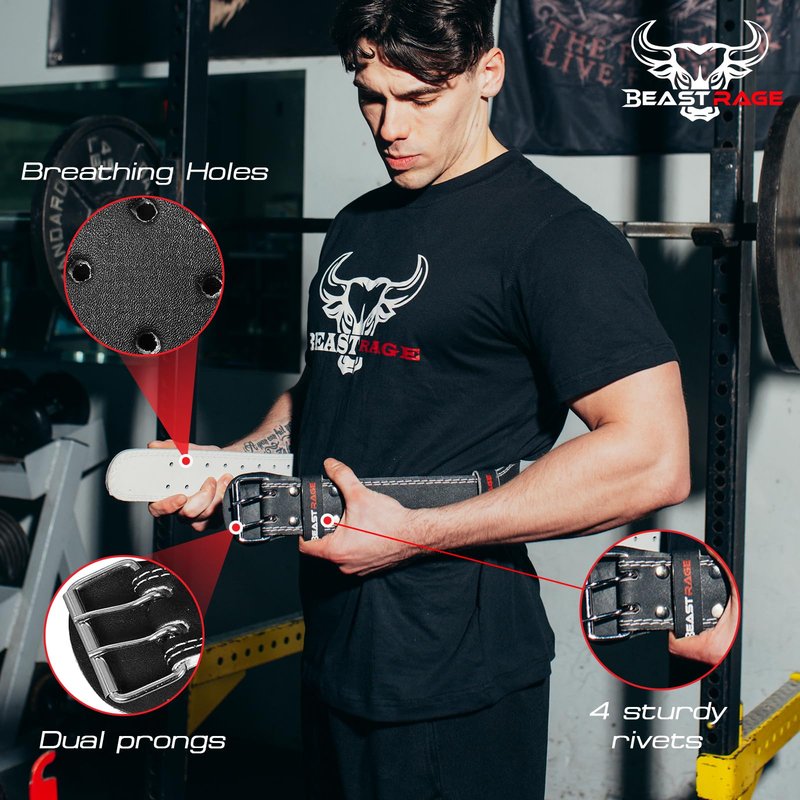 BEAST RAGE Weight Lifting Belt Leather Heavy Duty Gym Body Building Workout Training Weight Lifting Belt Adjustable Holes 4” Padded Lumbar Back Support Exercise Powerlifting Fitness Strength (Black, XL)