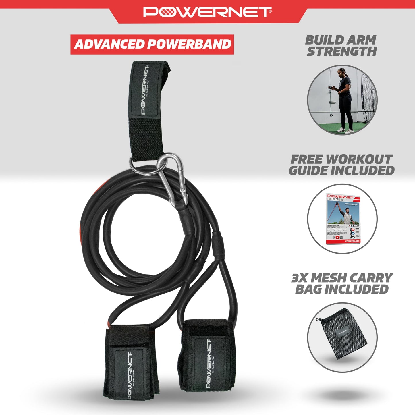 PowerNet Resistance Bands, Baseball Softball Strength and Conditioning PowerBands, Portable Pitching Warm Up Exercise Bands, Rehab Throwing Injuries, Attach to Any Fence or Pole (Black|Advanced)